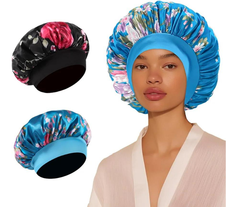 Srevela 2Pcs Satin Bonnet for Sleeping - Silk Sleep Cap for Curly Hair, Blue Black Floral 